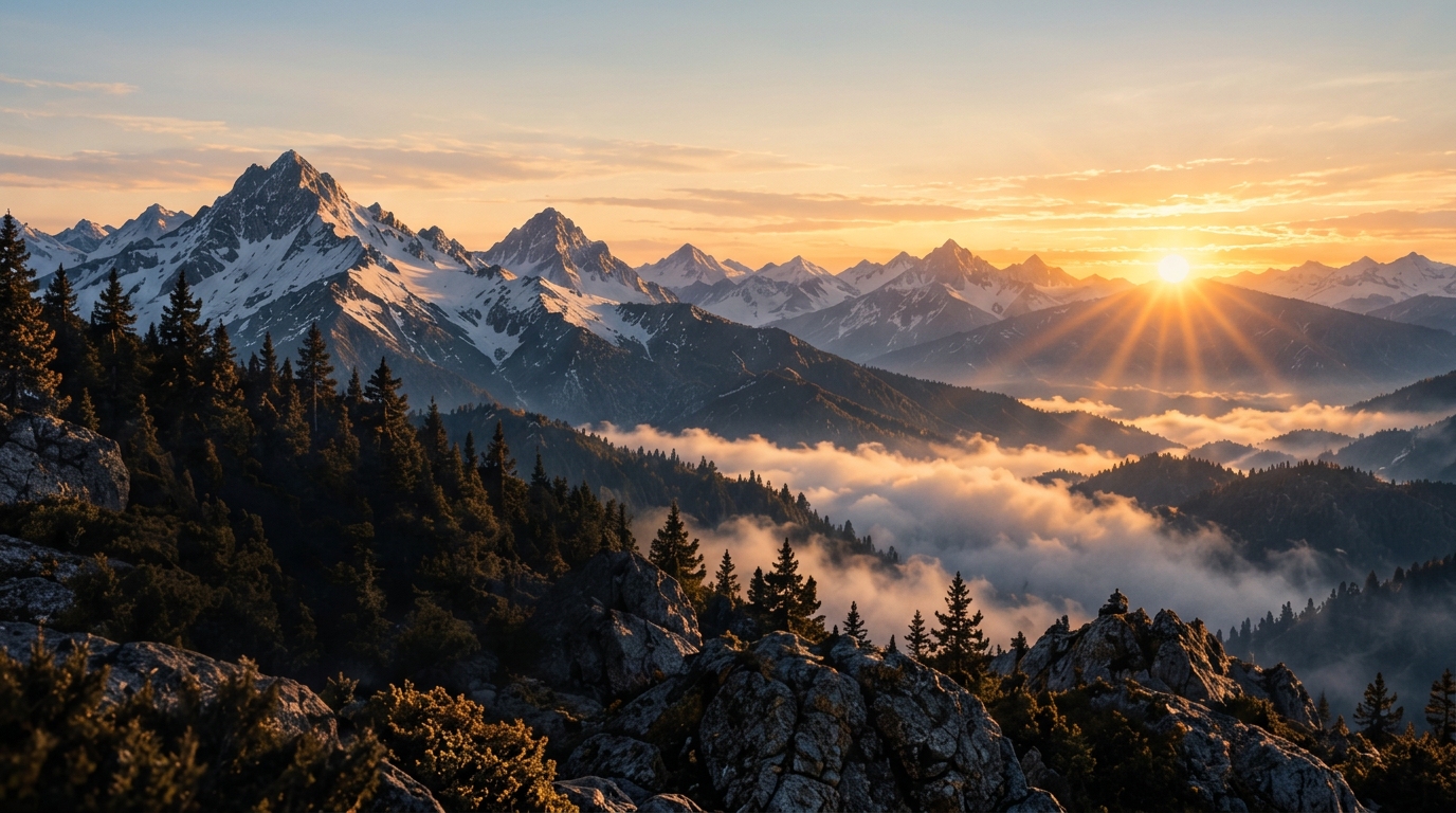 Evergreen forests stretching toward sunlit mountain peaks at golden sunset